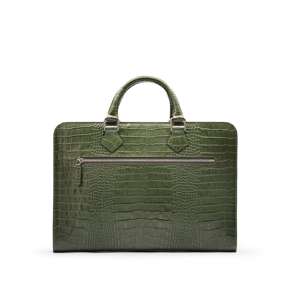 Leather Trinity 13" laptop briefcase, green croc, back view