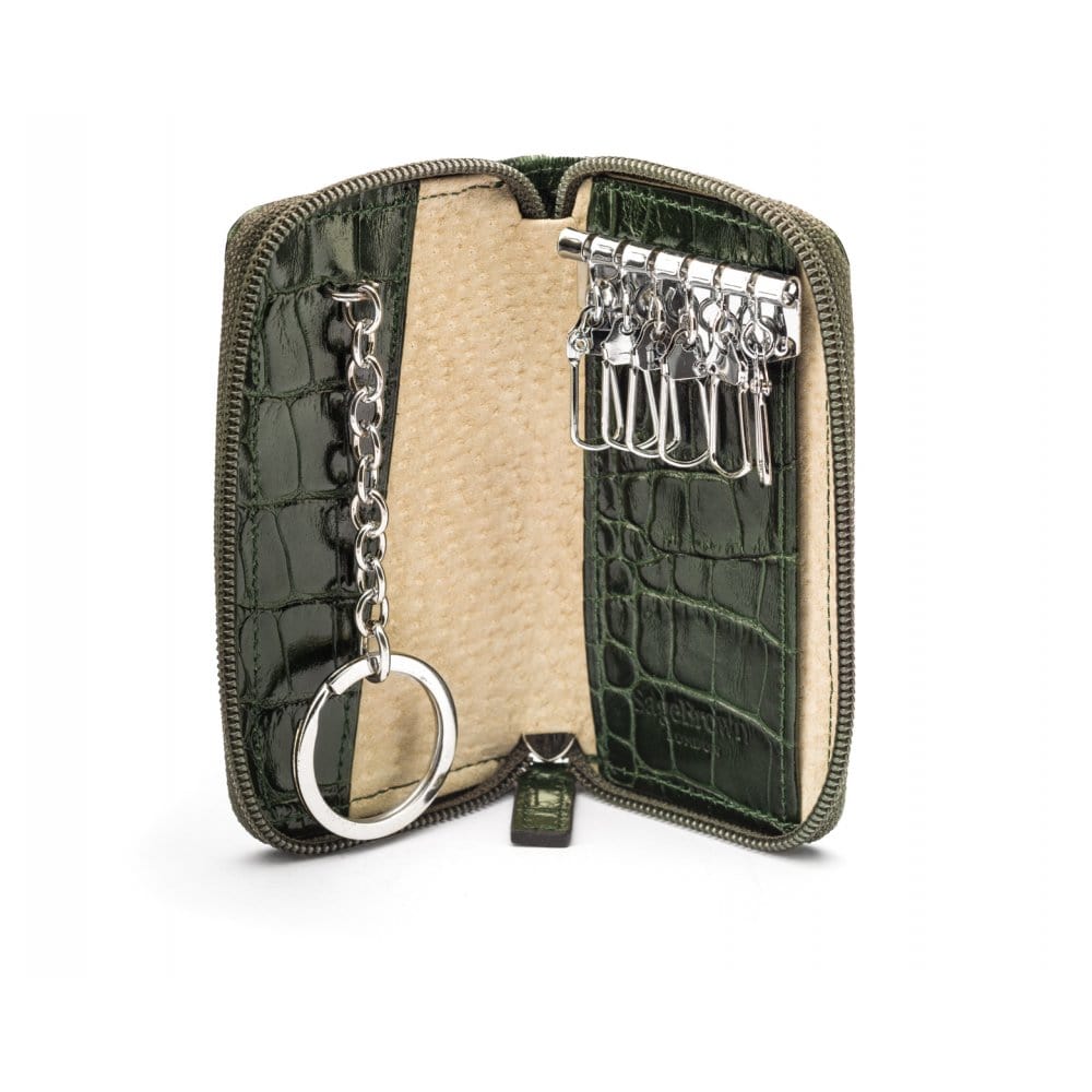 Leather zip around key case, green croc, open