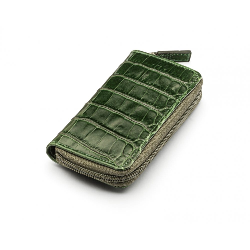 Leather zip around key case, green croc, front