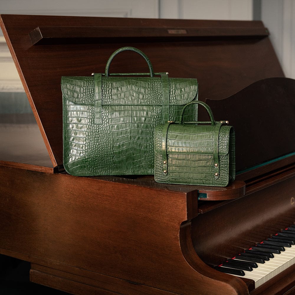 Leather music bag, green croc, lifestyle