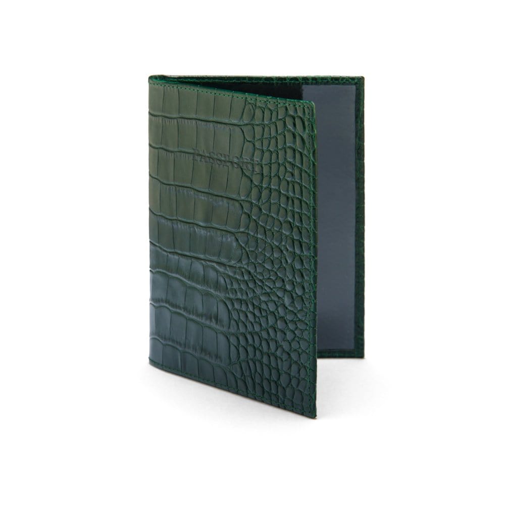 Luxury leather passport cover, green croc, front