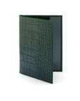 Luxury leather passport cover, green croc, front