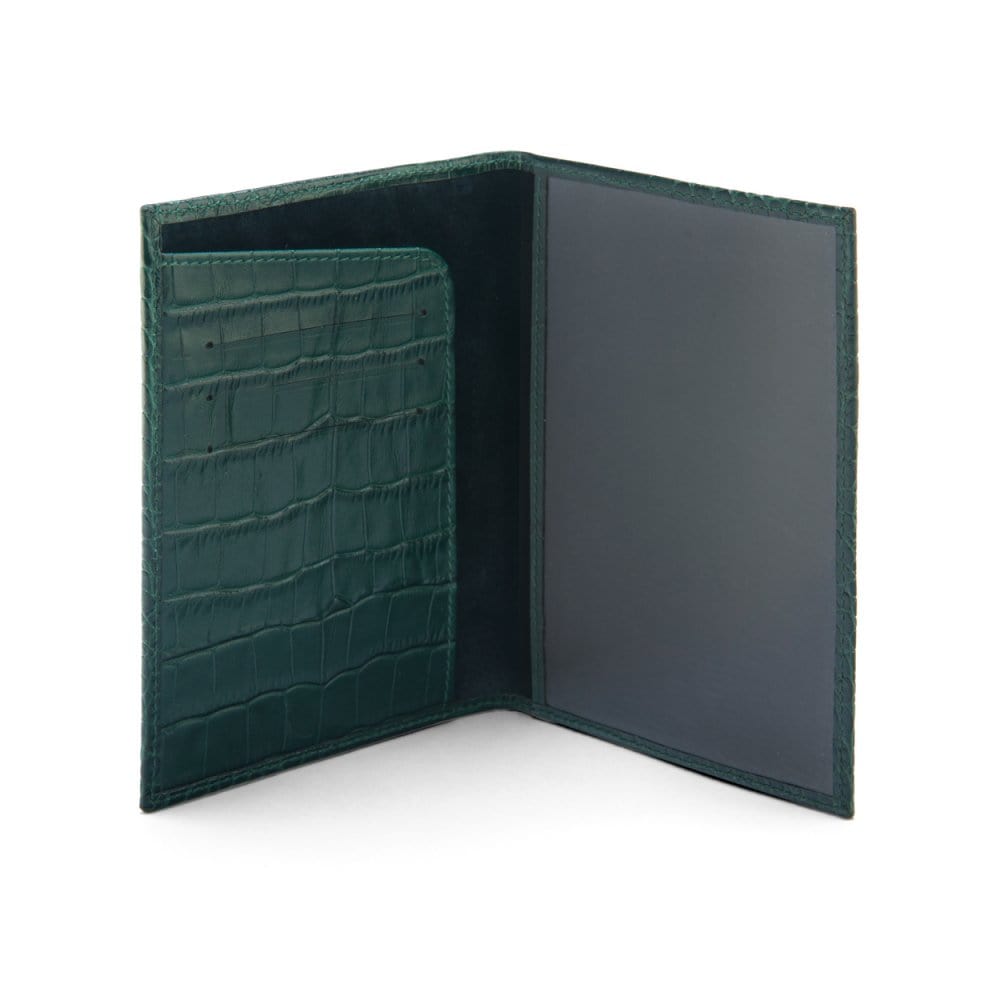 Luxury leather passport cover, green croc, inside