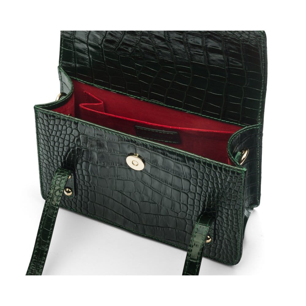 Mini top handle Harmony music bag, green croc, inside view