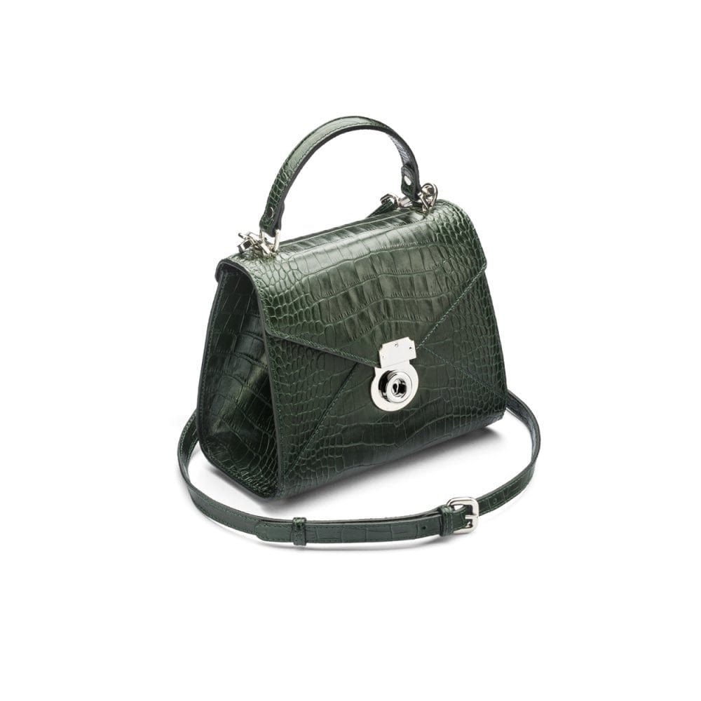 Mini Burnett small top handle bag, green croc, side view