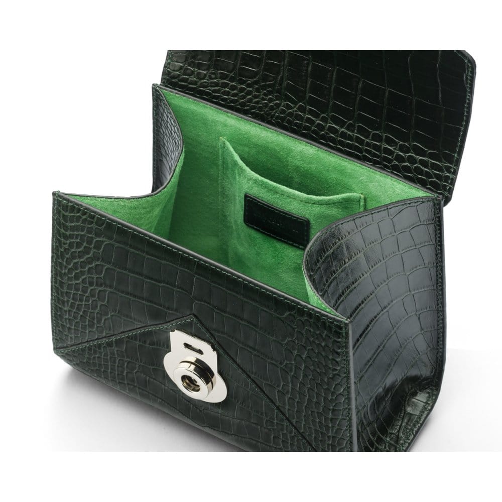 Mini Burnett small top handle bag, green croc, inside view