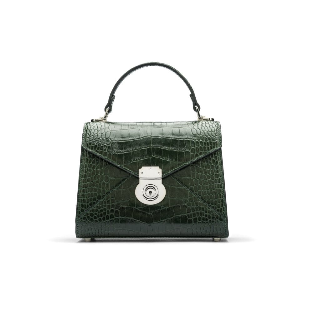 Mini Burnett small top handle bag, green croc, front view