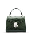 Mini Burnett small top handle bag, green croc, front view