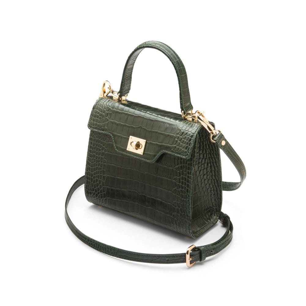 Mini leather Morgan Bag, top handle bag, green croc, side view
