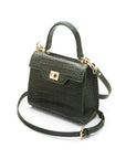 Mini leather Morgan Bag, top handle bag, green croc, side view