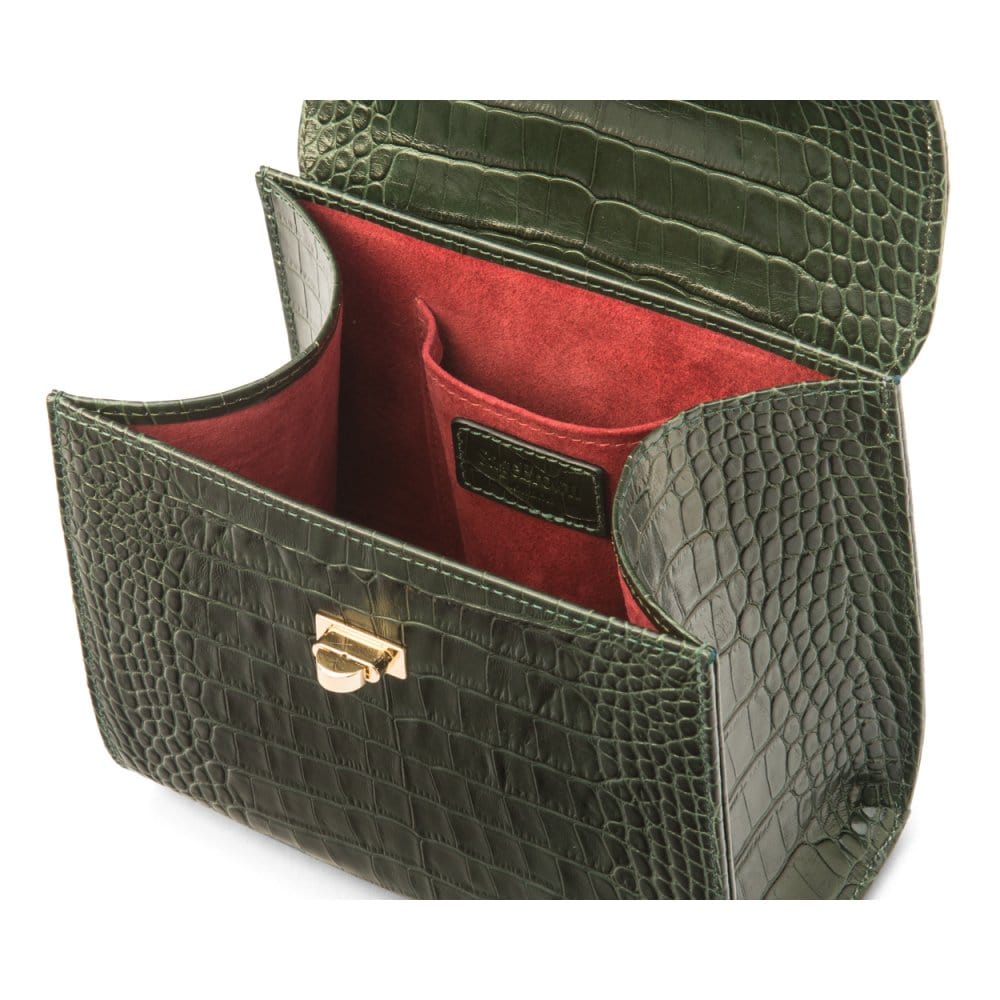 Mini leather Morgan Bag, top handle bag, green croc, inside view