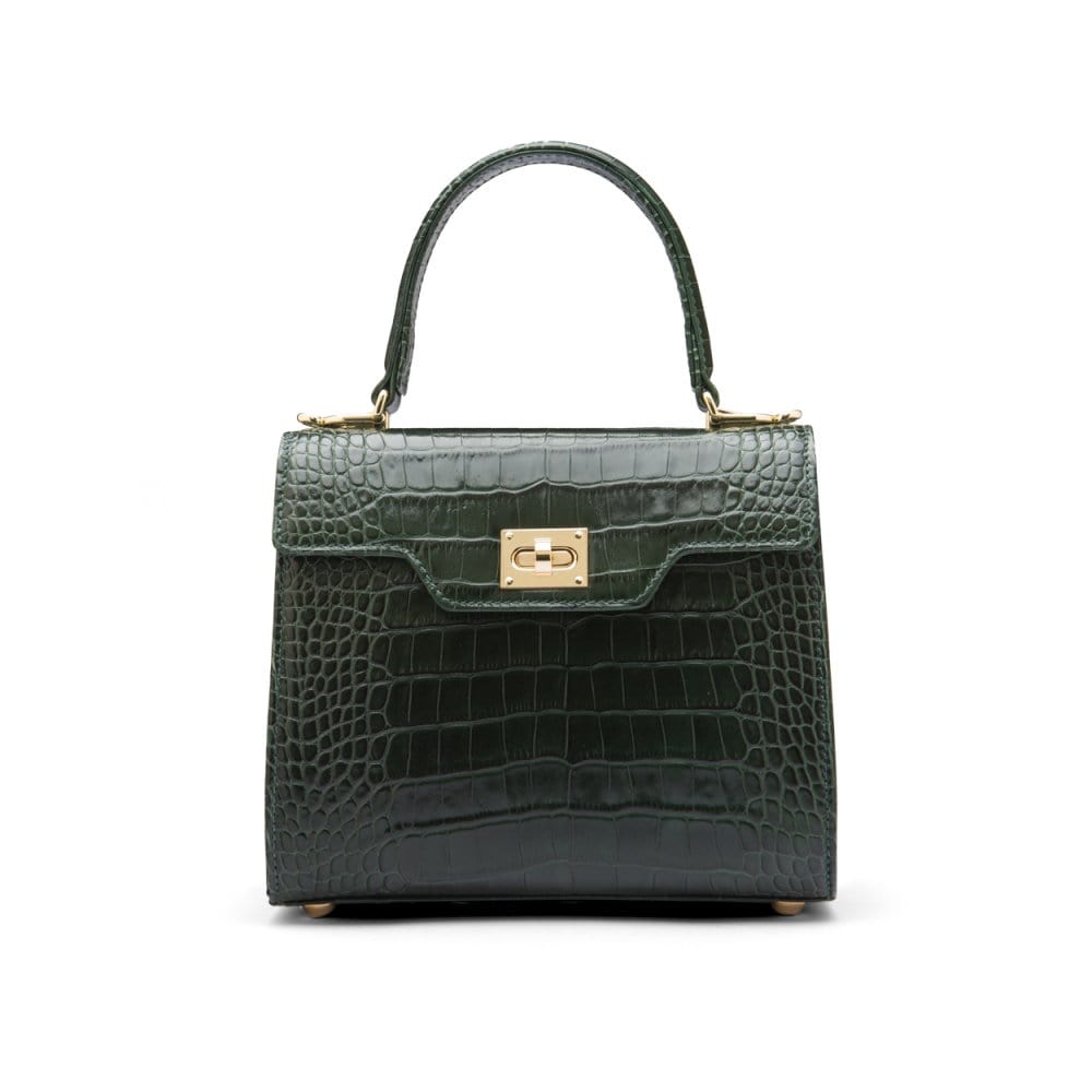 Mini leather Morgan Bag, top handle bag, green croc, front view