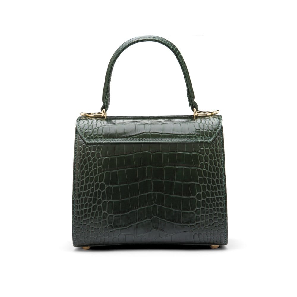 Mini leather Morgan Bag, top handle bag, green croc, back view