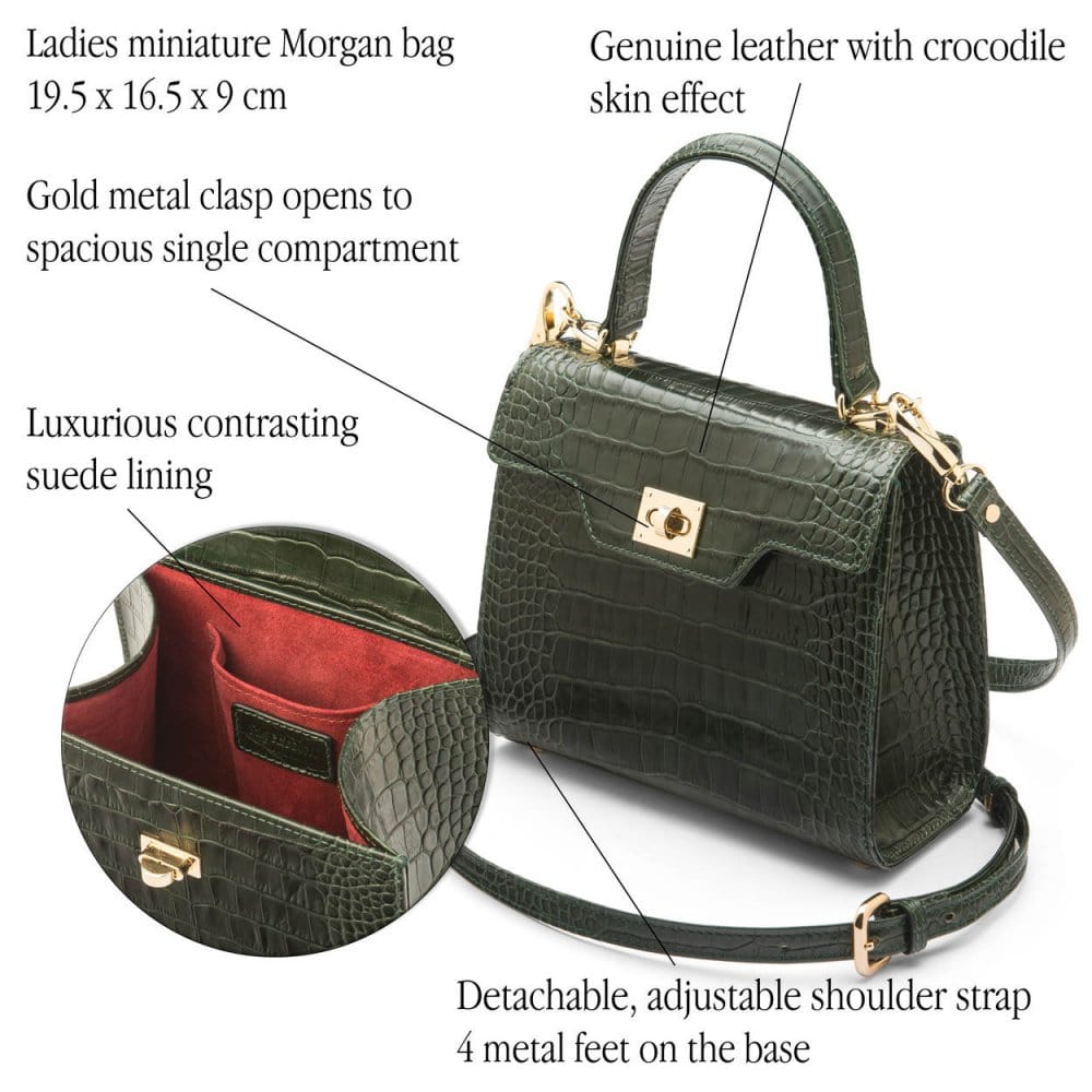 Mini leather Morgan Bag, top handle bag, green croc, features