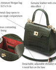 Mini leather Morgan Bag, top handle bag, green croc, features