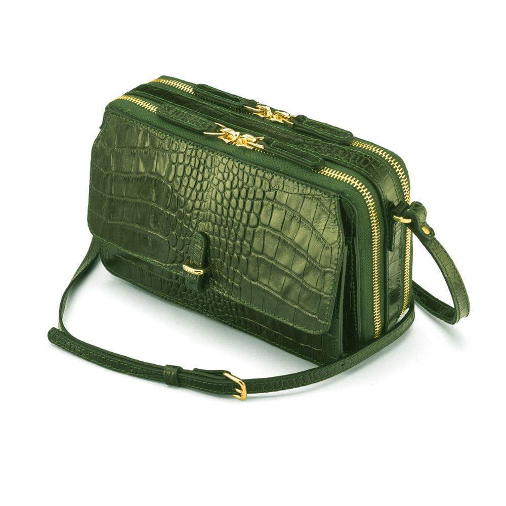 Compact crossbody bag, green croc, side