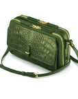 Compact crossbody bag, green croc, side