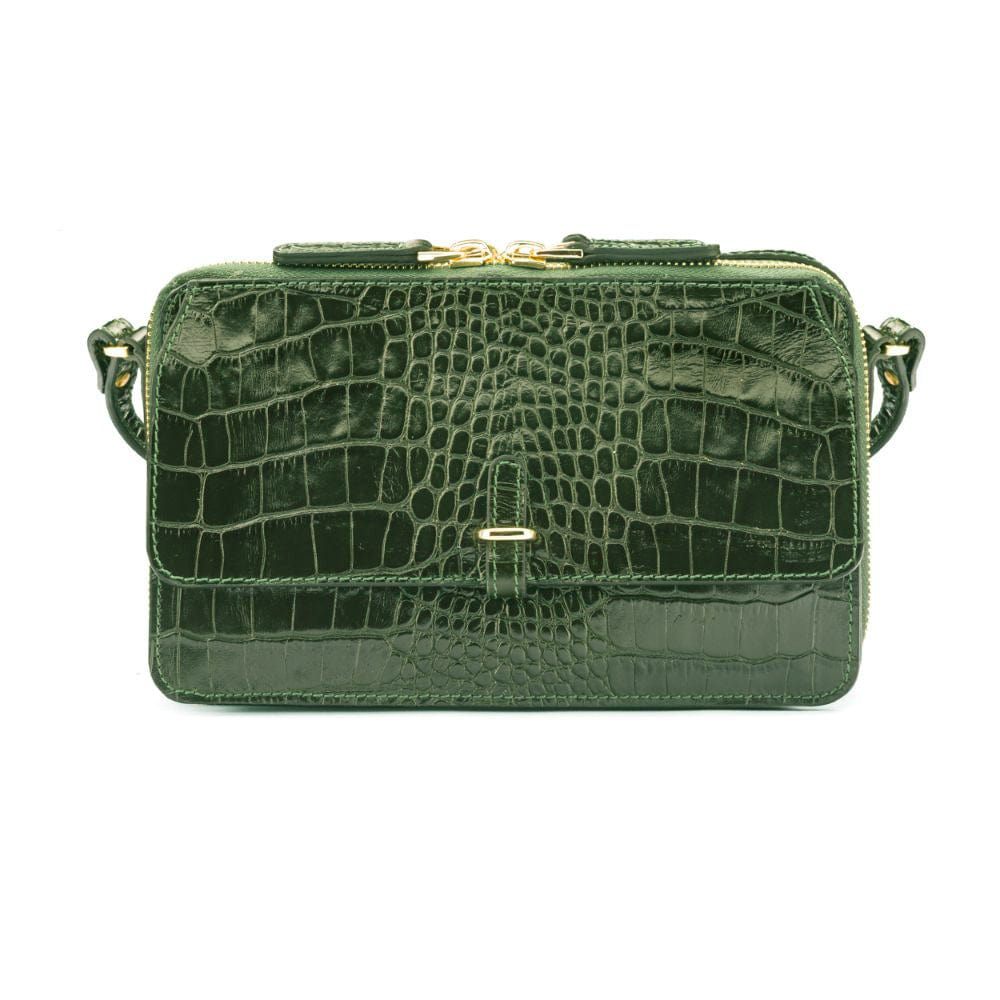 Compact crossbody bag, green croc, front