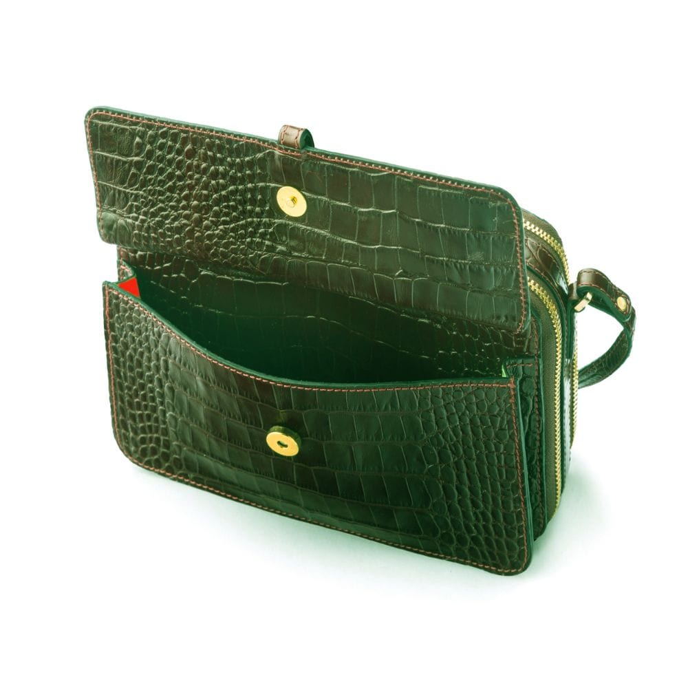 Compact crossbody bag, green croc, front pocket