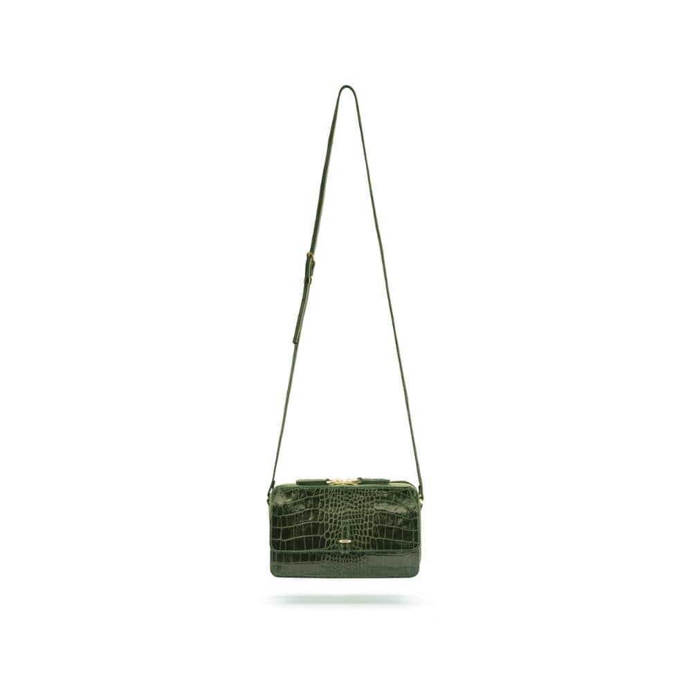 Compact crossbody bag, green croc, shoulder strap