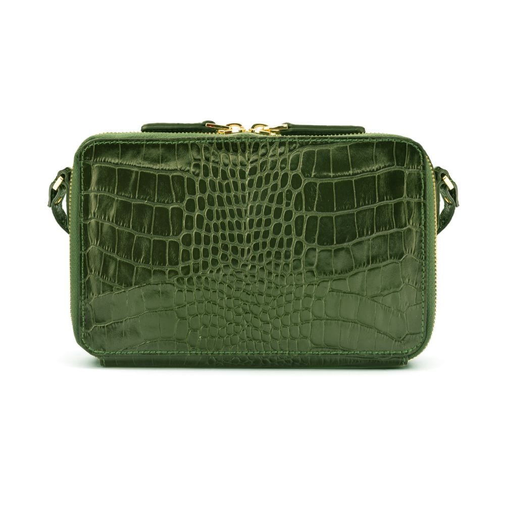 Compact crossbody bag, green croc, back view