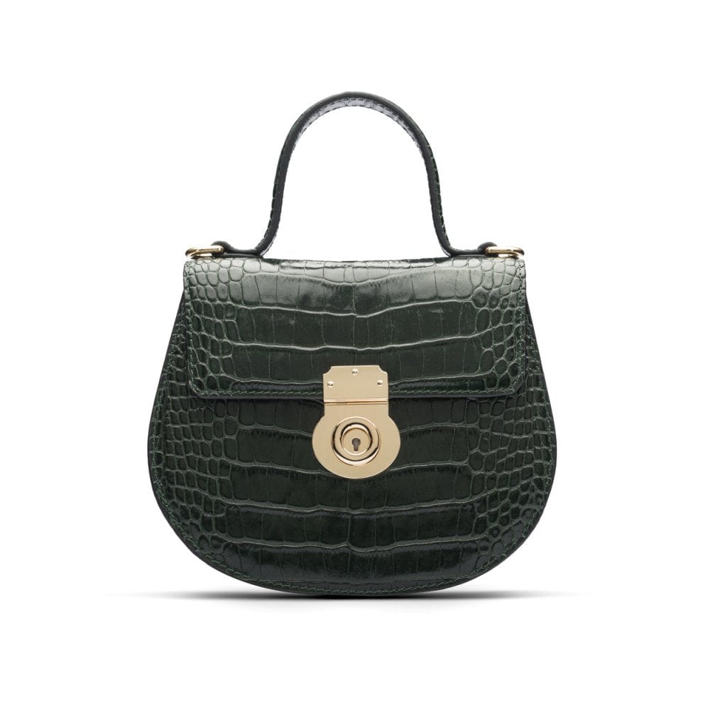 Leather rounded bottom top handle bag, green croc, front