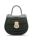 Leather rounded bottom top handle bag, green croc, front