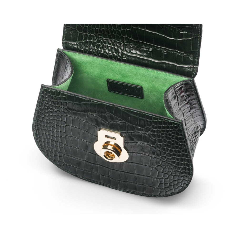 Leather rounded bottom top handle bag, green croc, inside