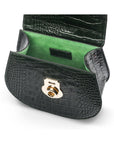 Leather rounded bottom top handle bag, green croc, inside