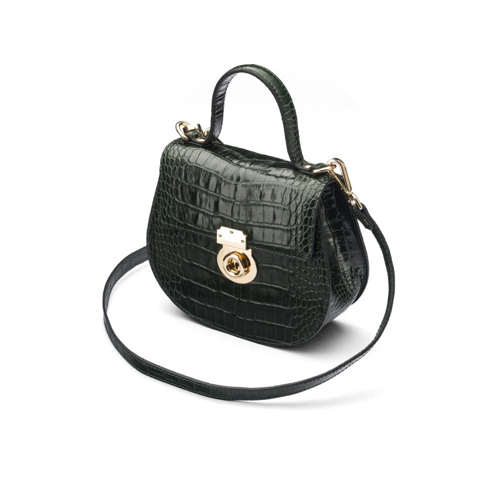 Leather rounded bottom top handle bag, green croc, side