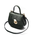 Leather rounded bottom top handle bag, green croc, side