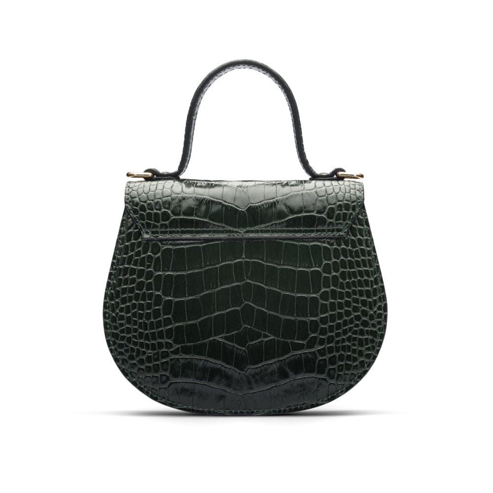 Leather rounded bottom top handle bag, green croc, back