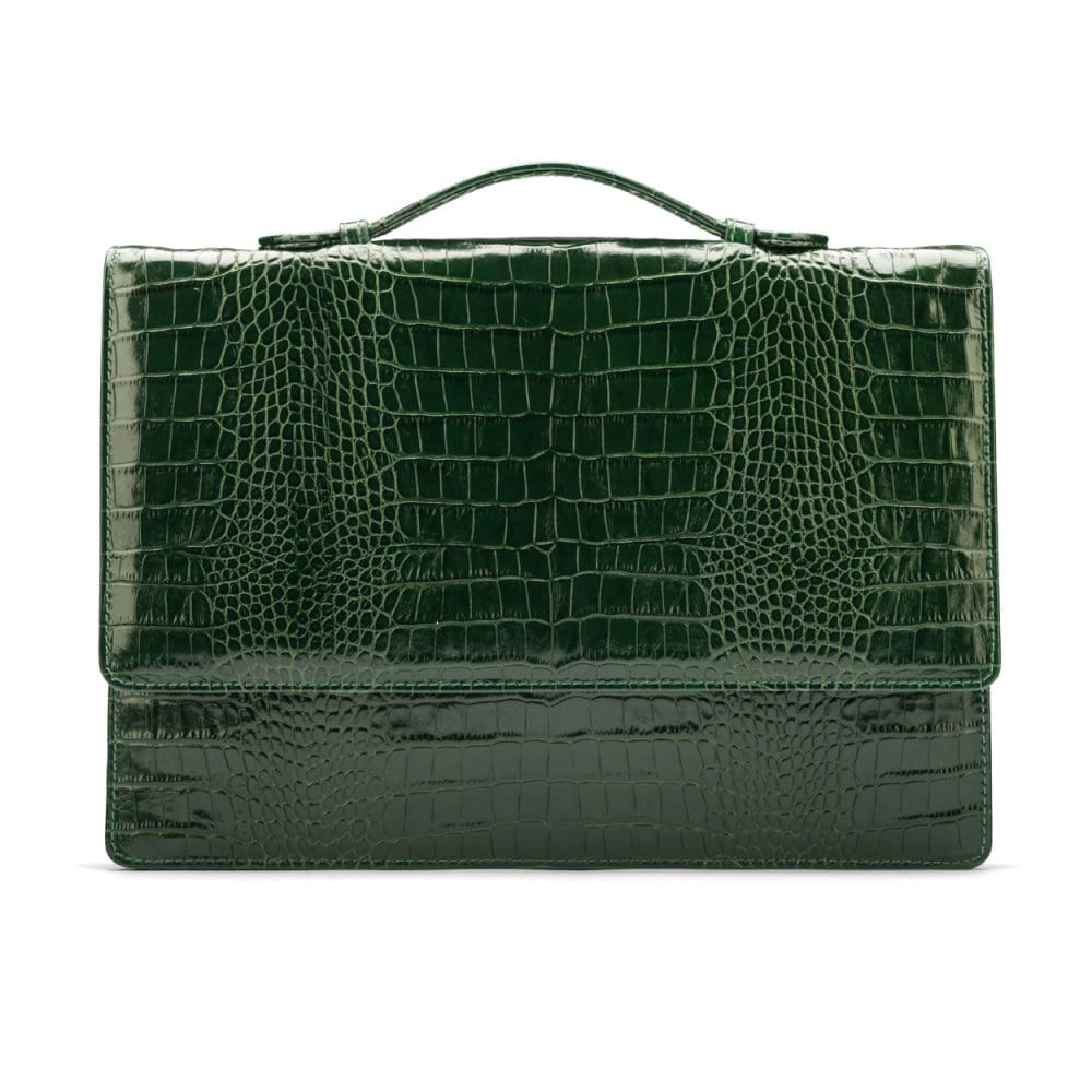 Small leather briefcase, green croc, front