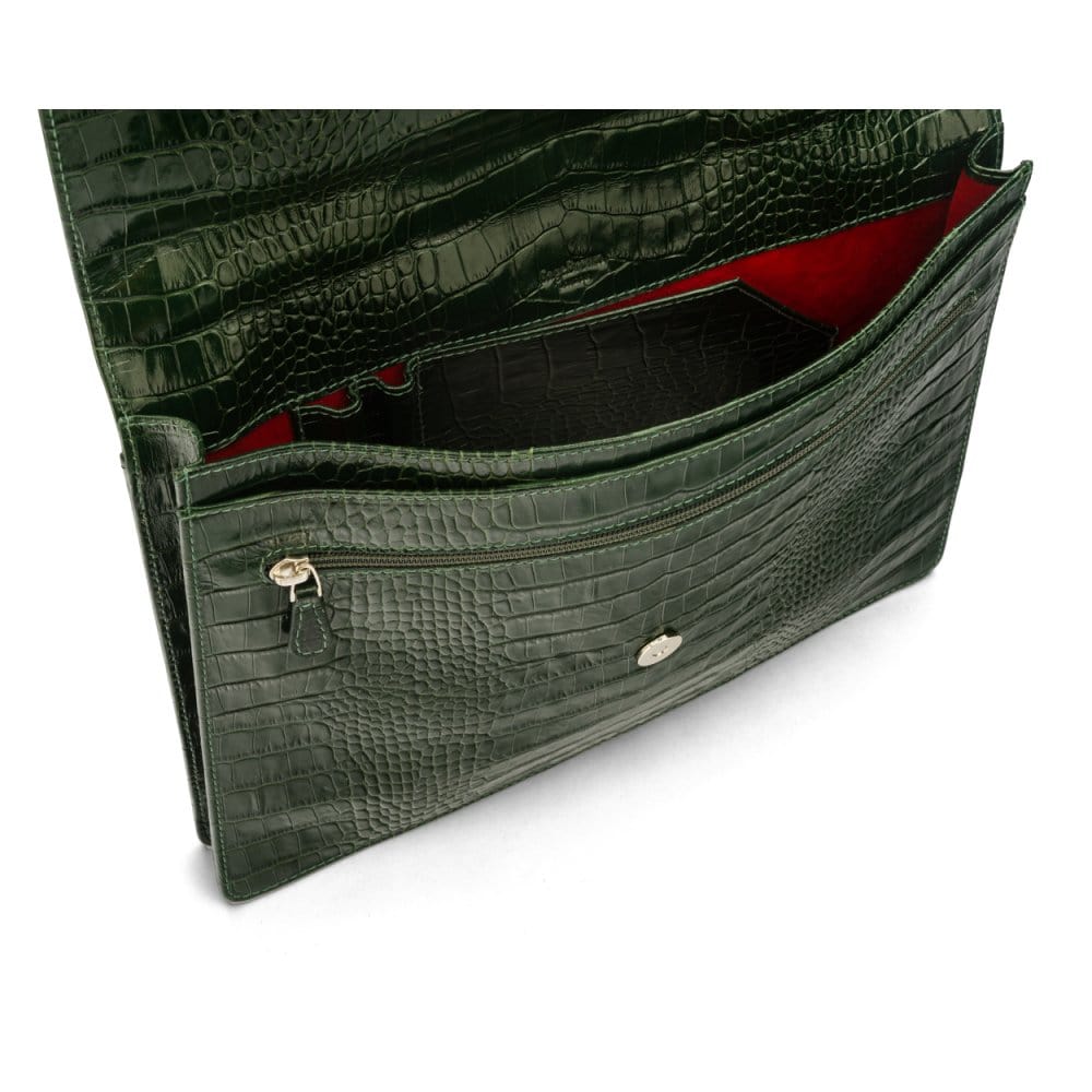 Small leather briefcase, green croc, inside