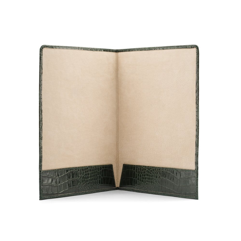 Simple leather document folder, green croc, open