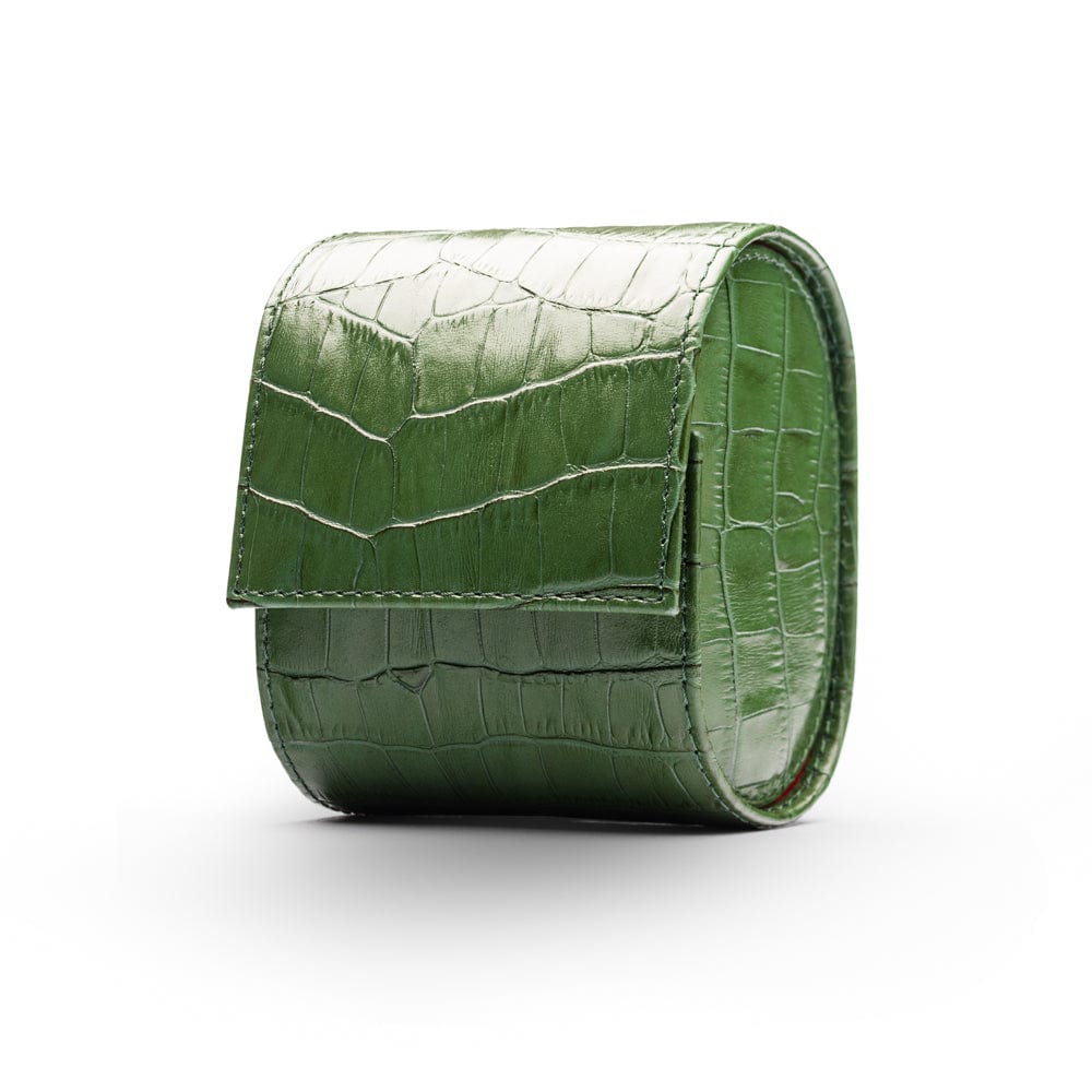 Single watch roll, green croc, front