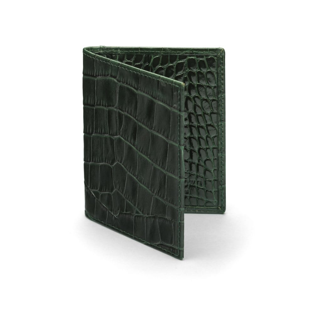 RFID leather credit card holder, green croc, front view