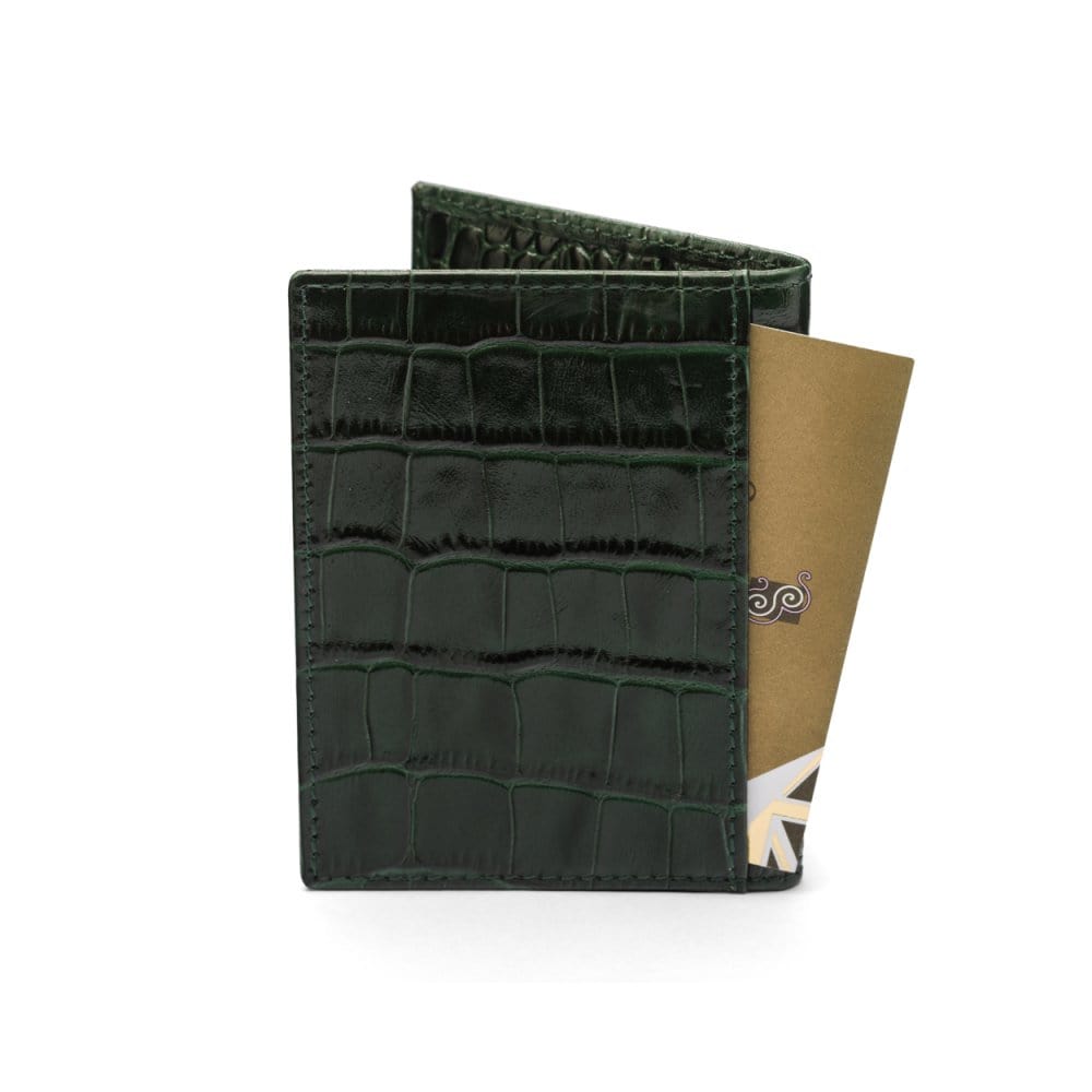 RFID leather credit card holder, green croc, back view