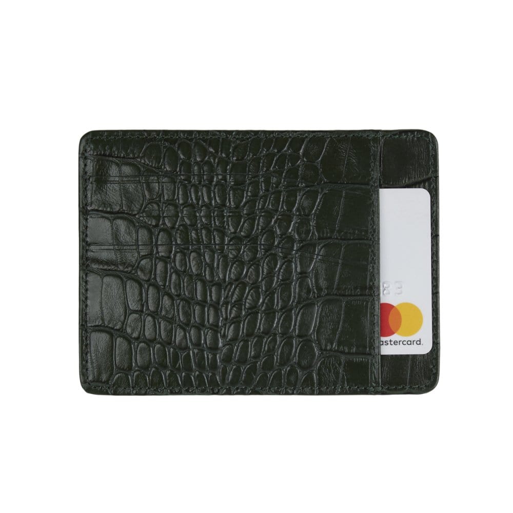 Flat leather credit card holder, green croc, front