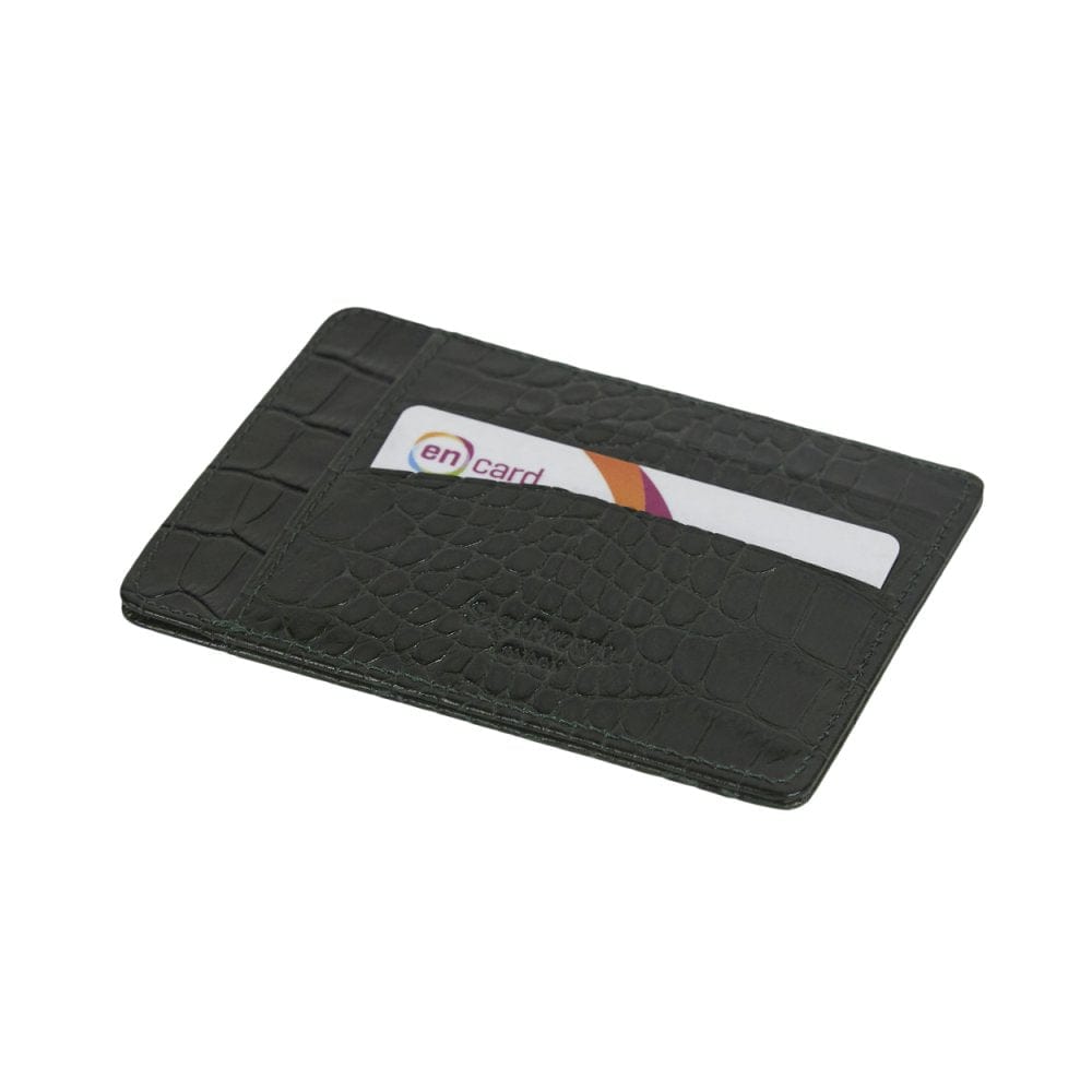 Flat leather credit card holder, green croc, back