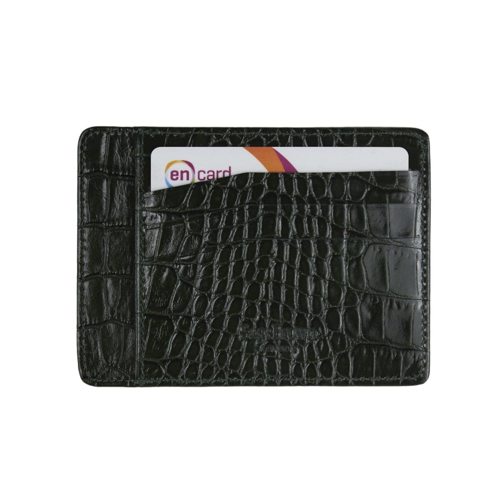 Flat leather credit card holder, green croc, back view