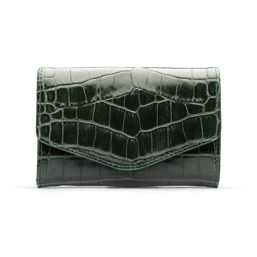 Small leather concertina purse, green croc, front
