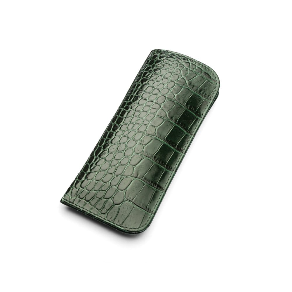 Small leather glasses case, green croc, front