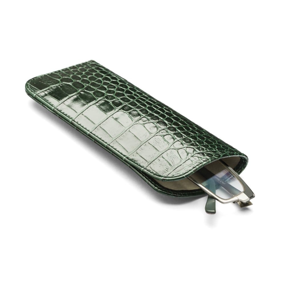 Small leather glasses case, green croc, open