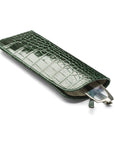 Small leather glasses case, green croc, open