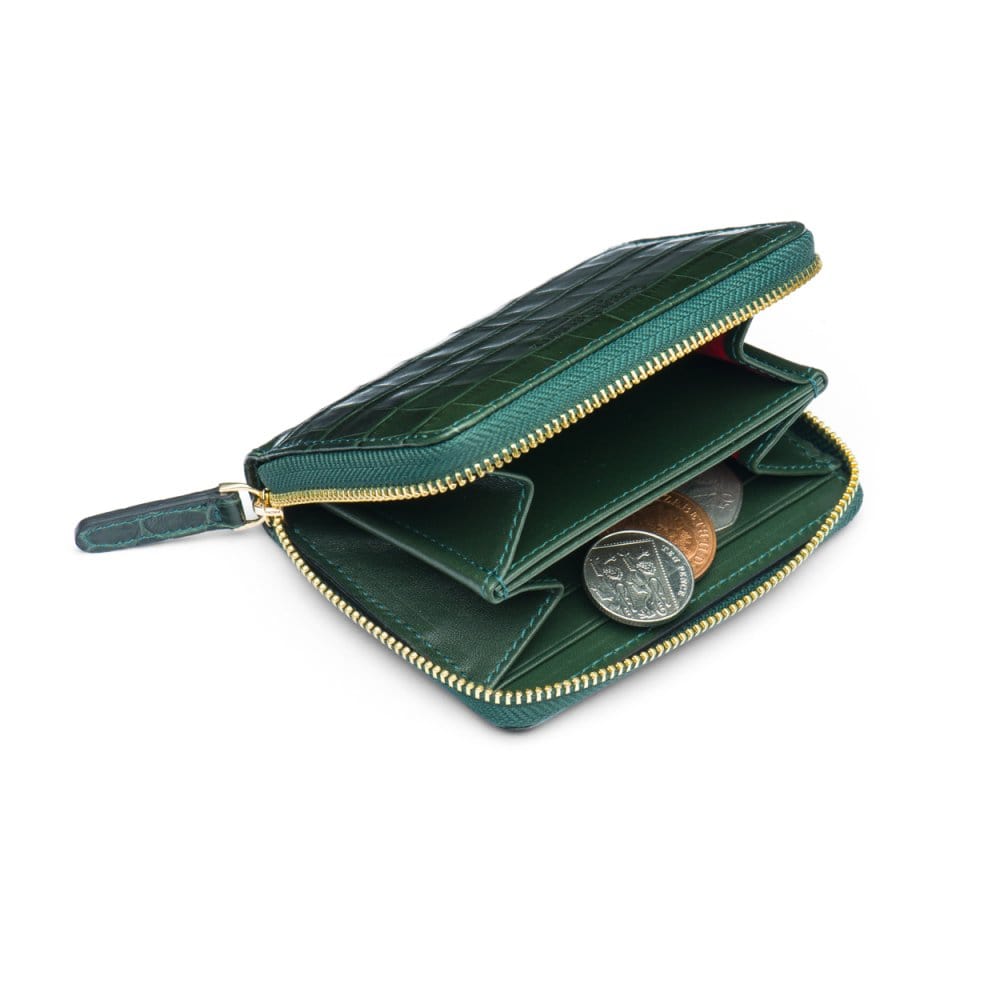 Small leather zip around accordion coin purse, green croc, interior