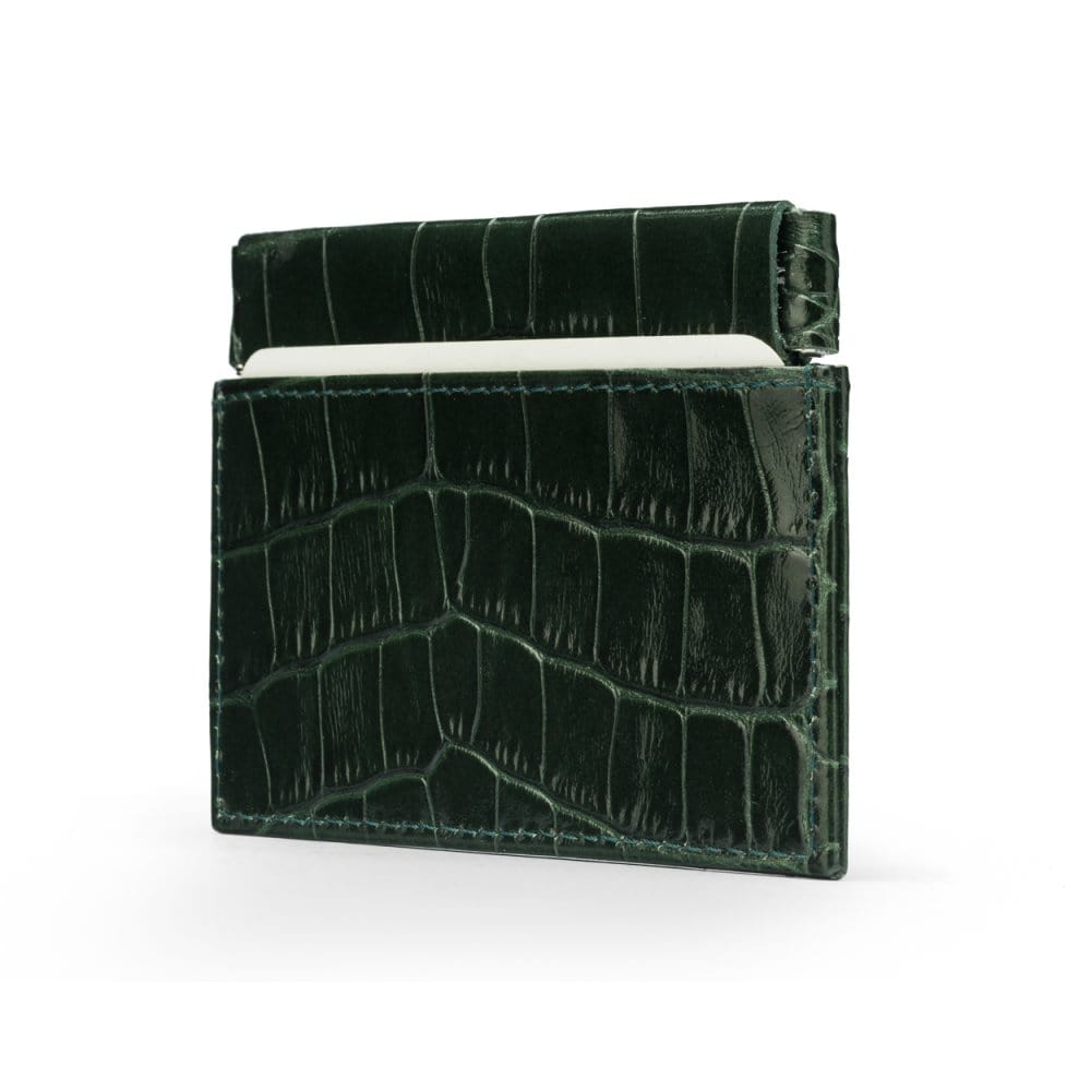Leather squeeze spring coin purse, green croc, side