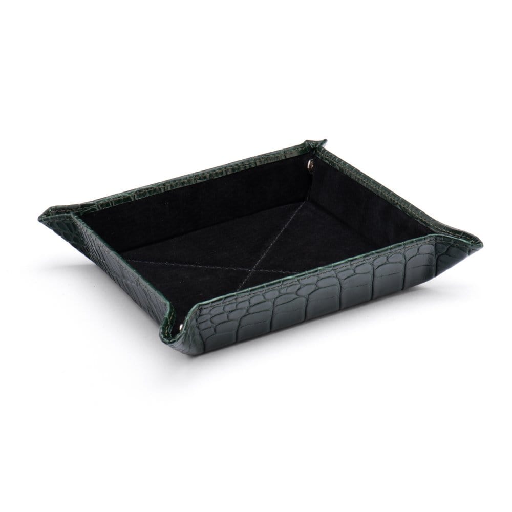 Leather valet tray, green croc with black