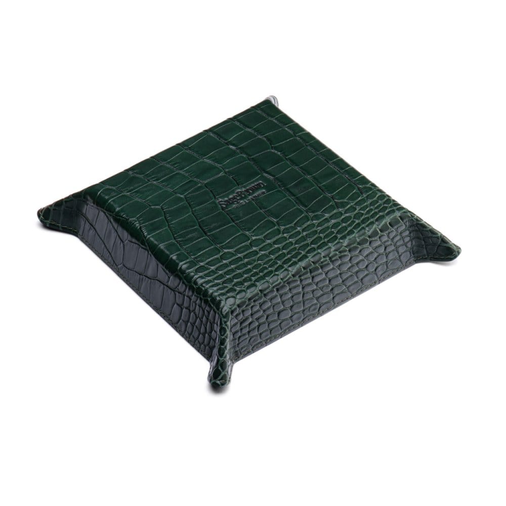 Leather valet tray, green croc with black, base