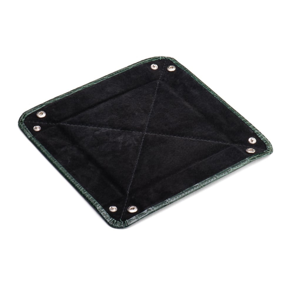 Leather valet tray, green croc with black, flat